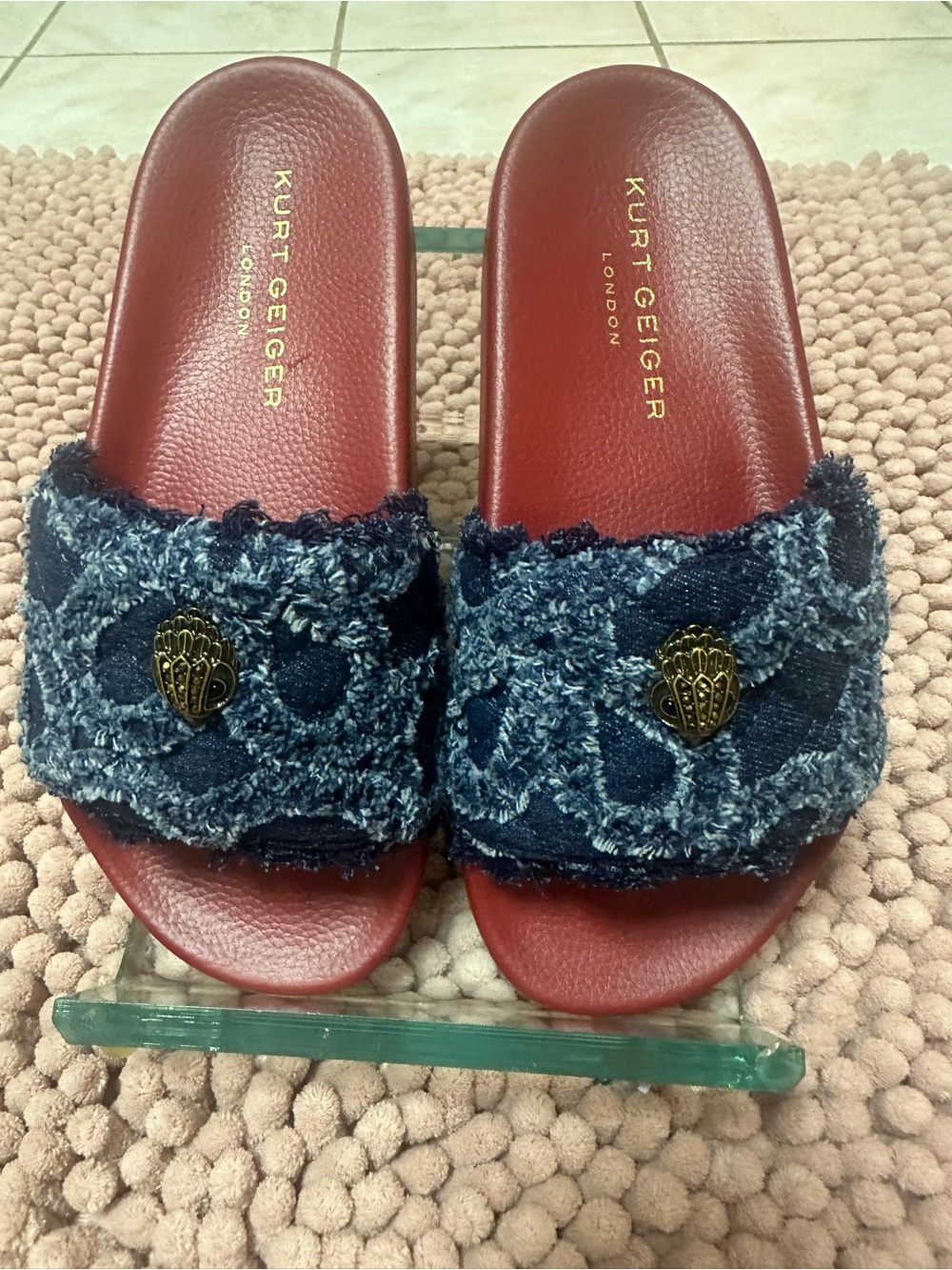 Kurt Geiger Red Slide Sandals with Distressed Navy Denim Strap and Gold Emblem